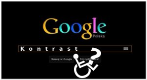 Kopia ekranu ukazująca stronę wyszukiwarki Google o odwróconym kontraście, na której umieszczony jest symbol osoby niepełnosprawnej i znak zapytania.