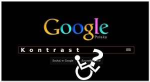 Kopia ekranu ukazująca stronę wyszukiwarki Google o odwróconym kontraście, na której umieszczony jest symbol osoby niepełnosprawnej i znak zapytania. Kopia ekranu ukazująca stronę wyszukiwarki Google o odwróconym kontraście, na której umieszczony jest symbol osoby niepełnosprawnej i znak zapytania.