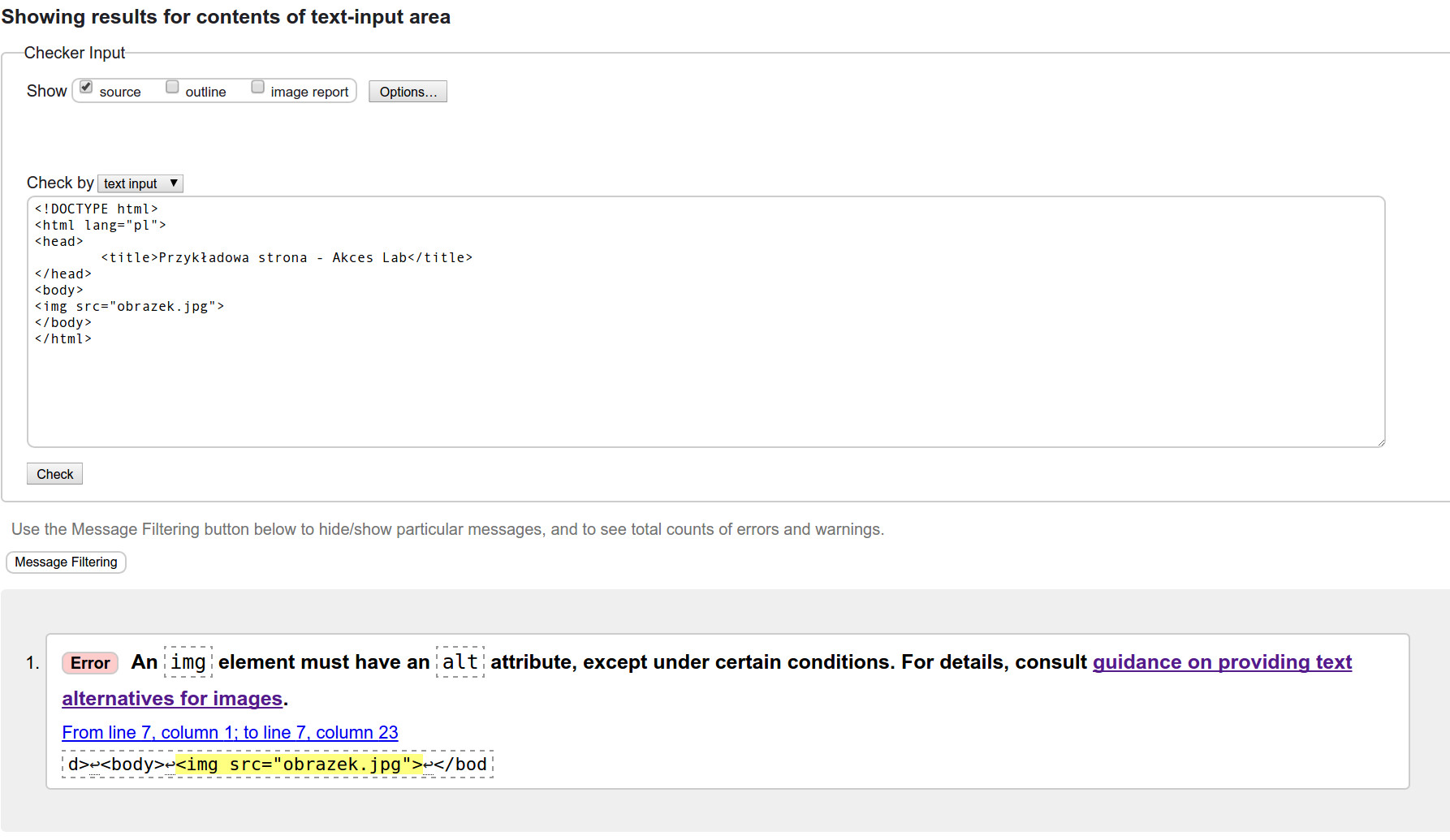zrzut ekranu pokazujący, że walidator kodu html określa brak opisu alternatywnego jako poważny błąd składni html